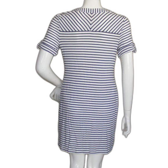 CHICO'S Mini Dress, 0/S, White, Navy Stripes, Short sleeve, Split neck, Jersey - Picture 6 of 12